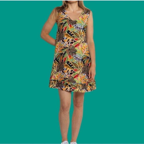 C&C California 100% Linen Tropical Print Shift Dress With Pockets - Picture 1 of 11